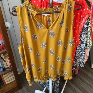 LOFT Mustard Sleeveless Blouse with Floral Design